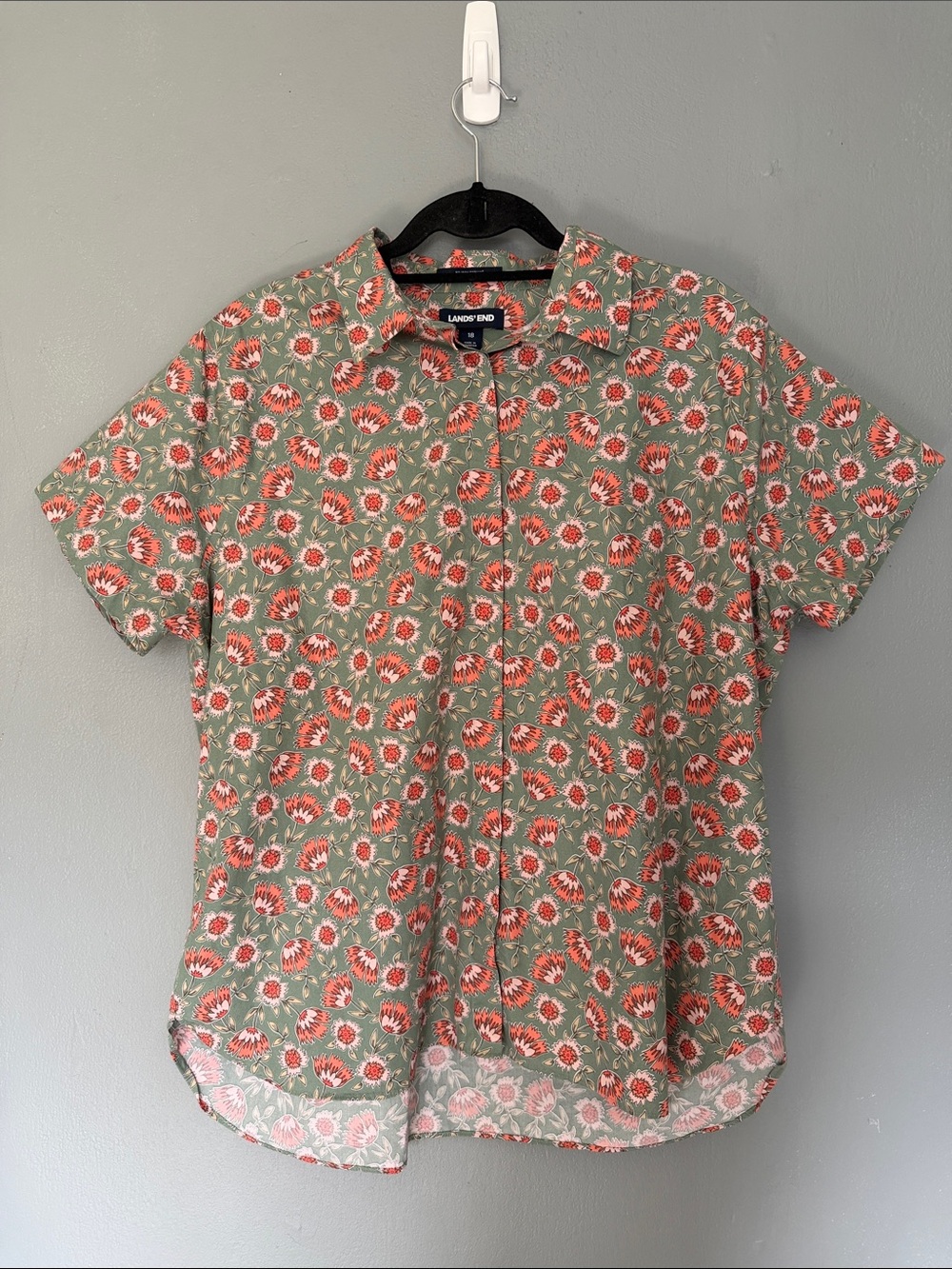Lands' End Floral Button Down Shirt Short Sleeve Green Coral Pink Size 18